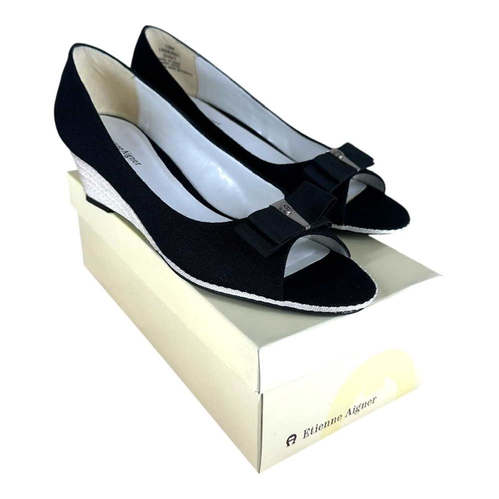 Etienne Aigner Women’s 10 Black Linen Wedge Peep Toe Heels Digit Casual Y2K VTG - Picture 4 of 12